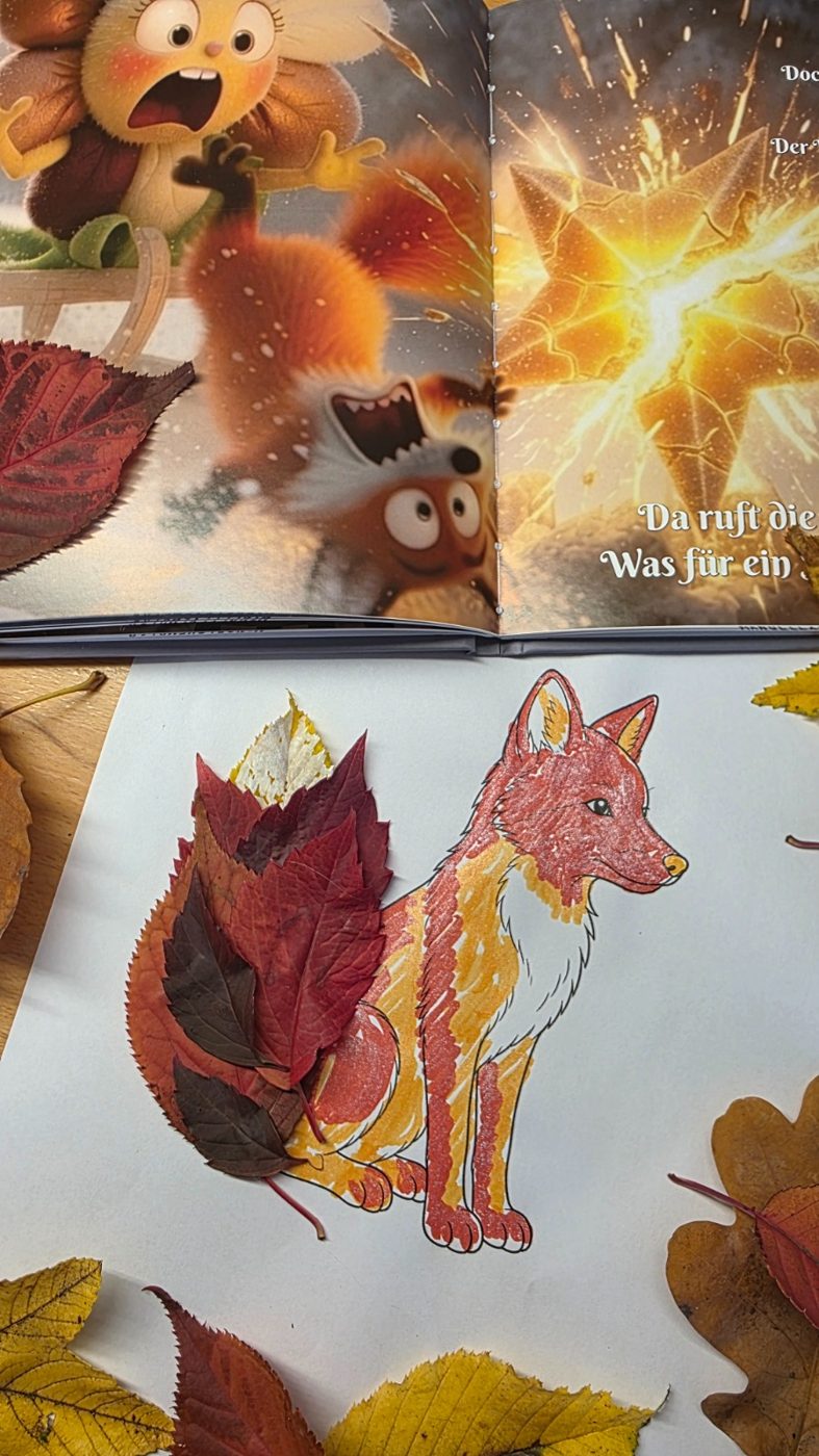Ausgemalter Fuchs, beklebt mit bunten Herbstblättern