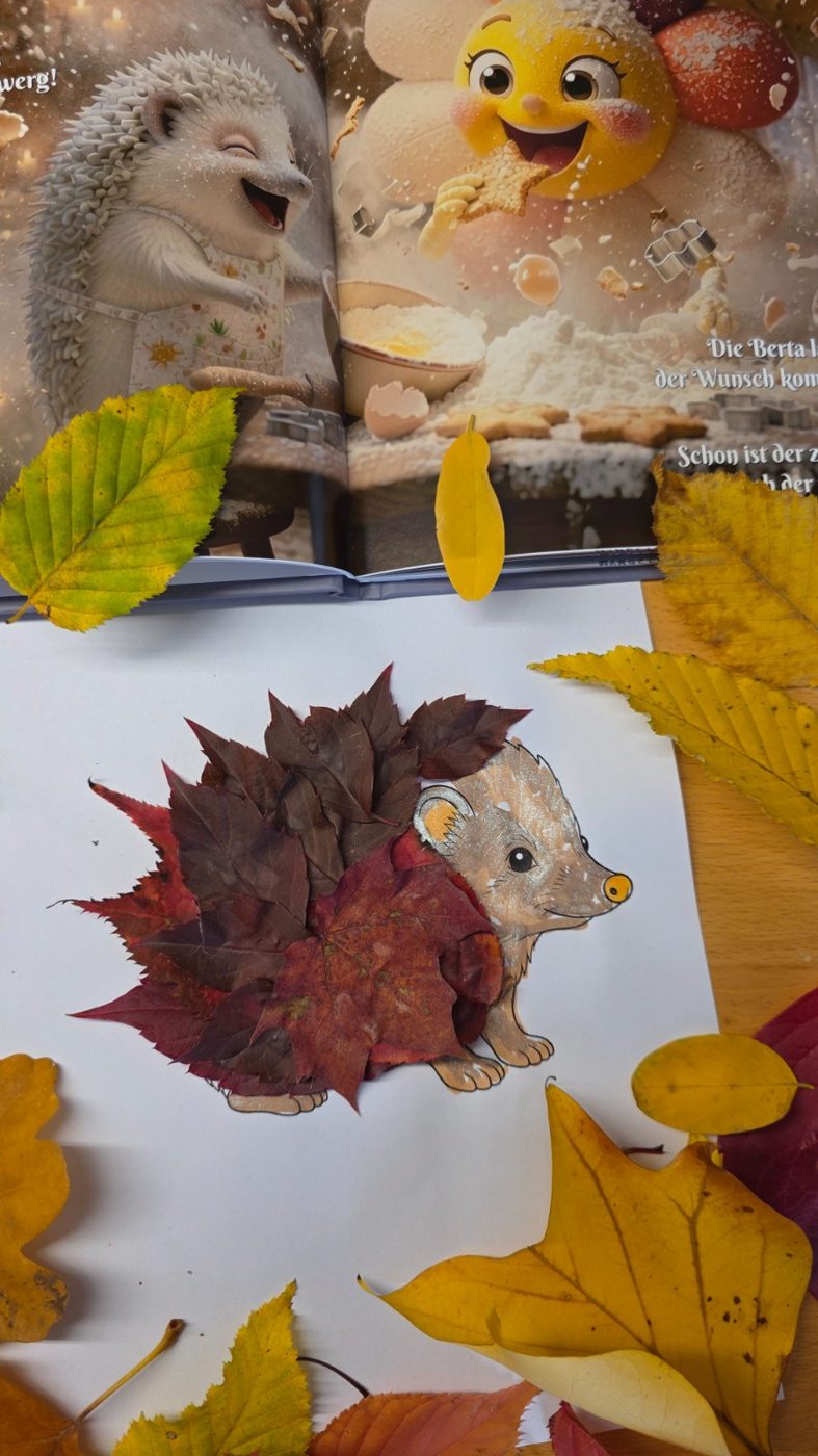 Ausgemalter Igel mit Herbstblättern als Stacheln